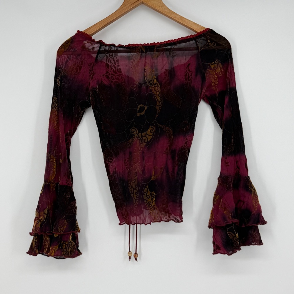 Y2K Burgundy Sheer Mesh Off Shoulder Corset Top Ruffle Bell Sleeve Floral Tie - Picture 2 of 5